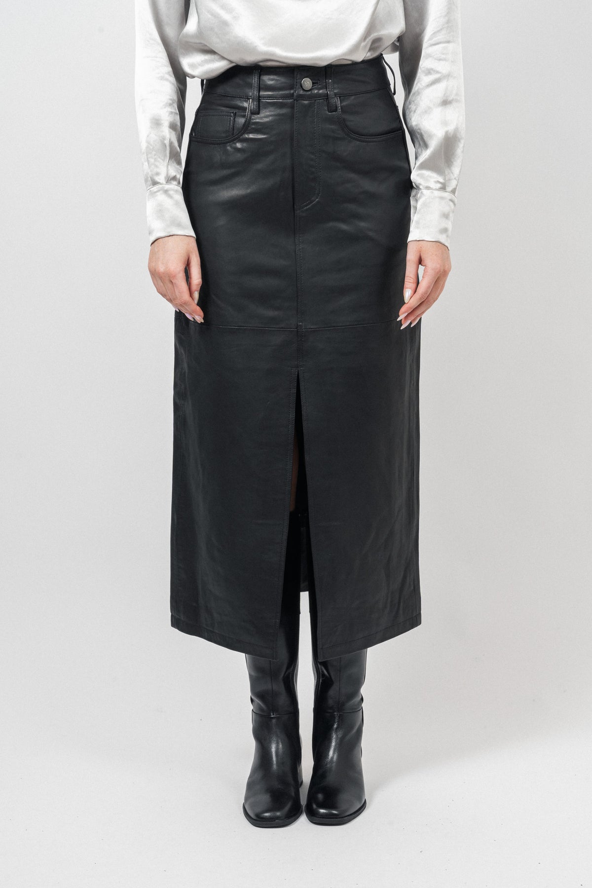 Phoebecc Leather Slit Skirt - Black