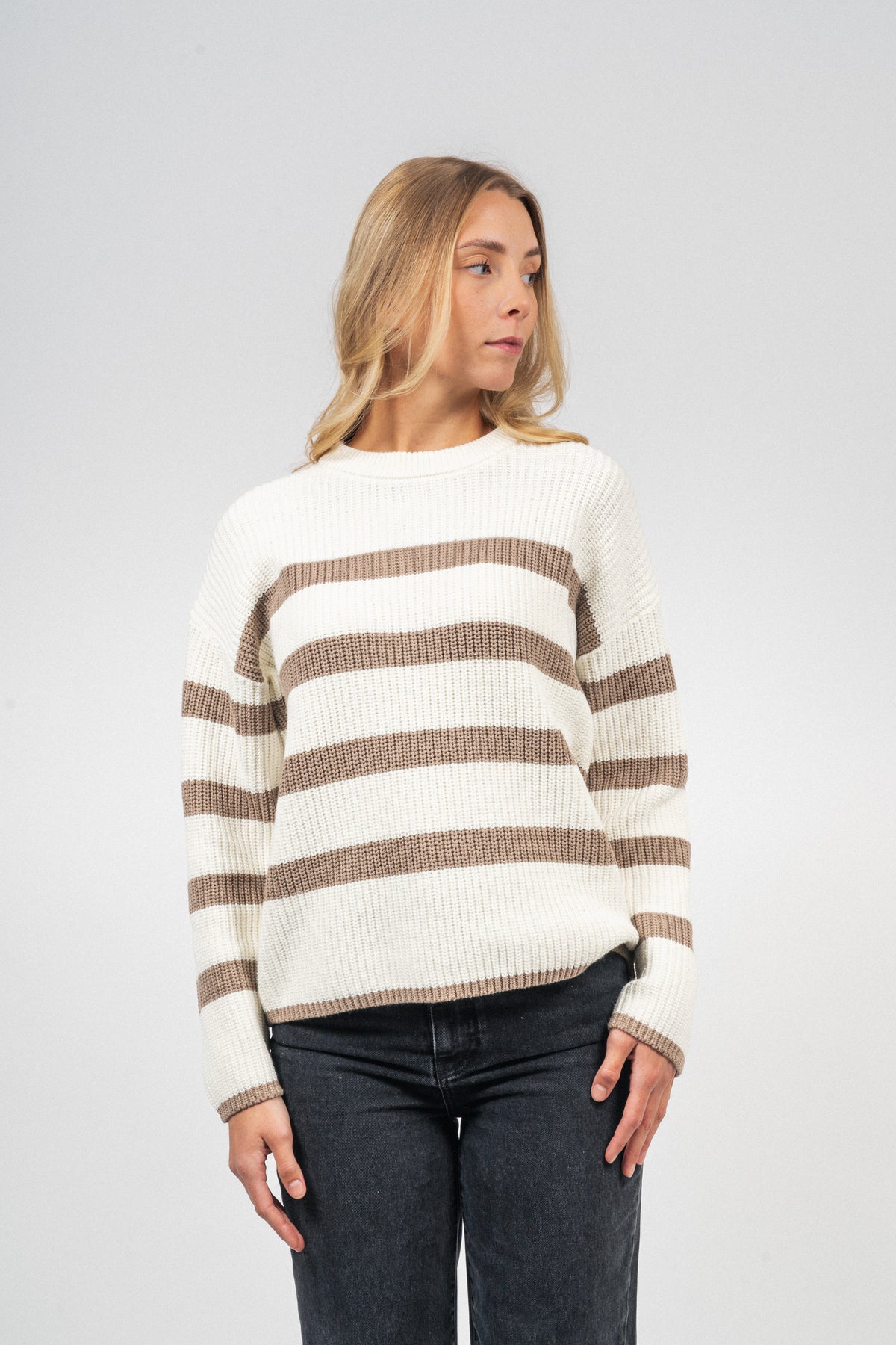 Bloomie Ls Knit O-Neck - Snow White/Greige