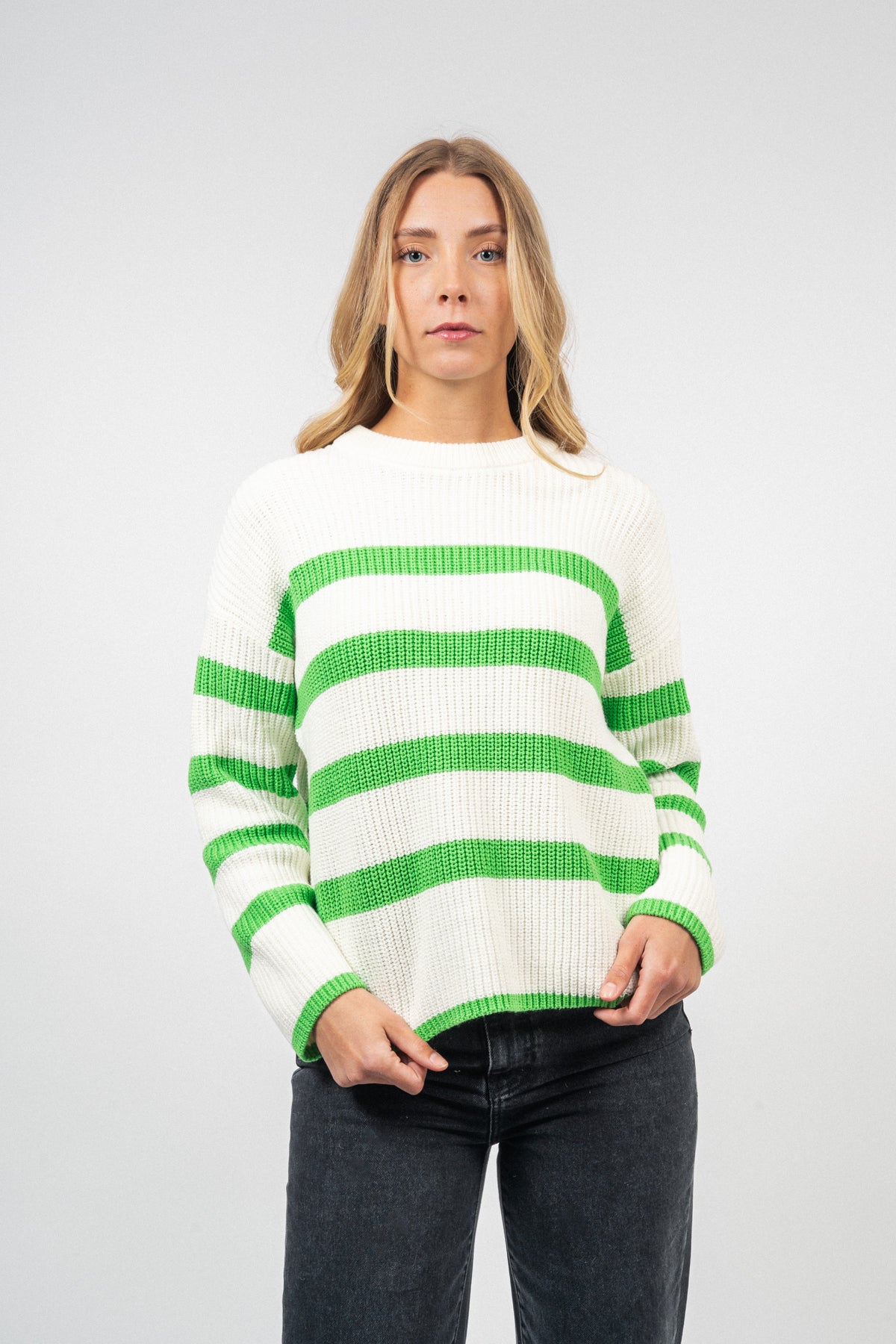Bloomie Ls Knit O-Neck - Snow White/Classic Green