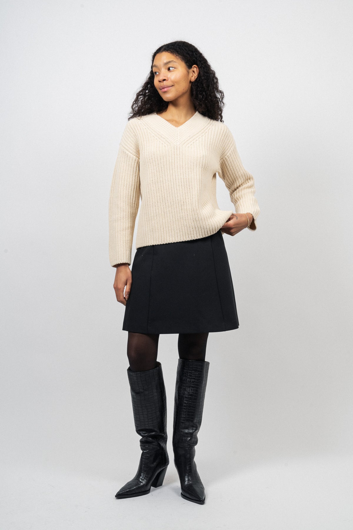 Selma Ls Knit V-Neck - Birch