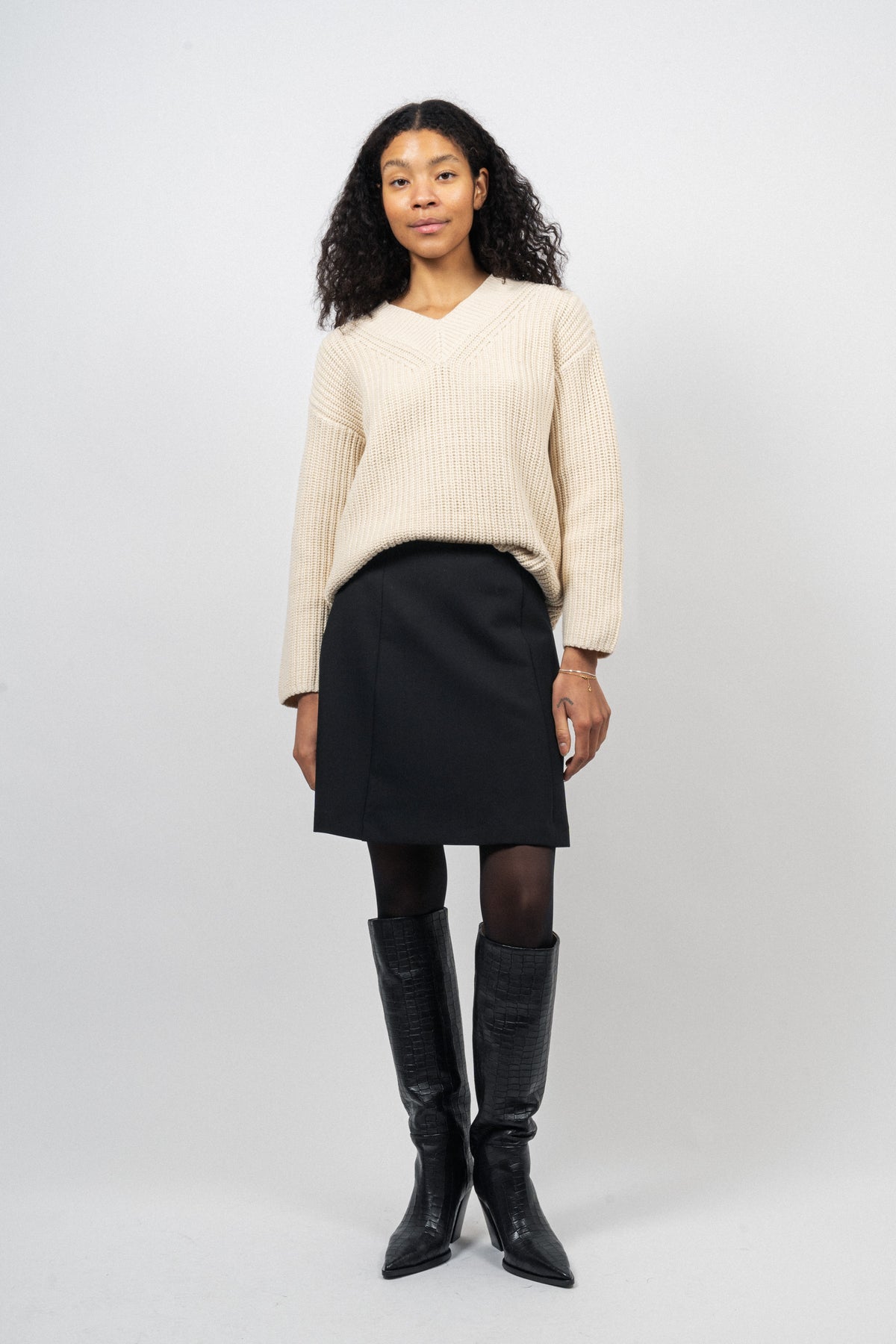 Selma Ls Knit V-Neck - Birch