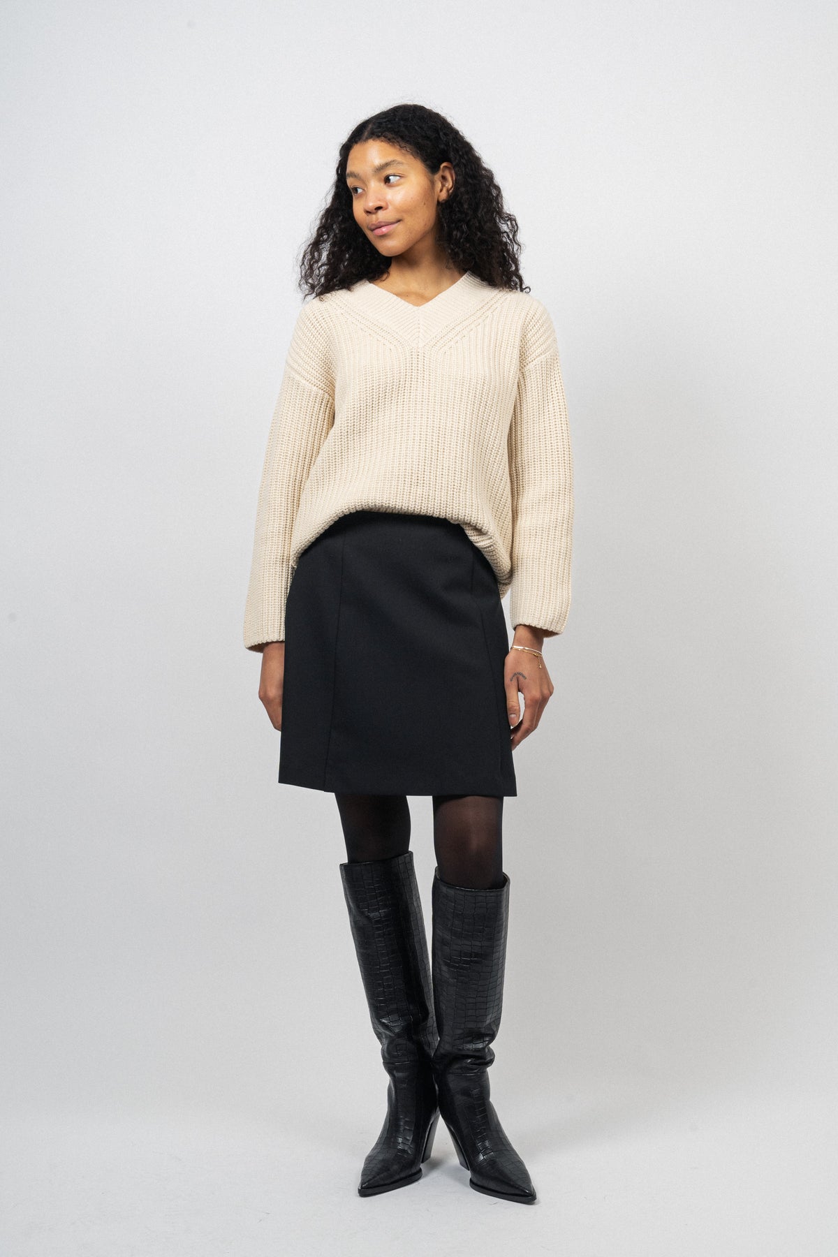 Selma Ls Knit V-Neck - Birch