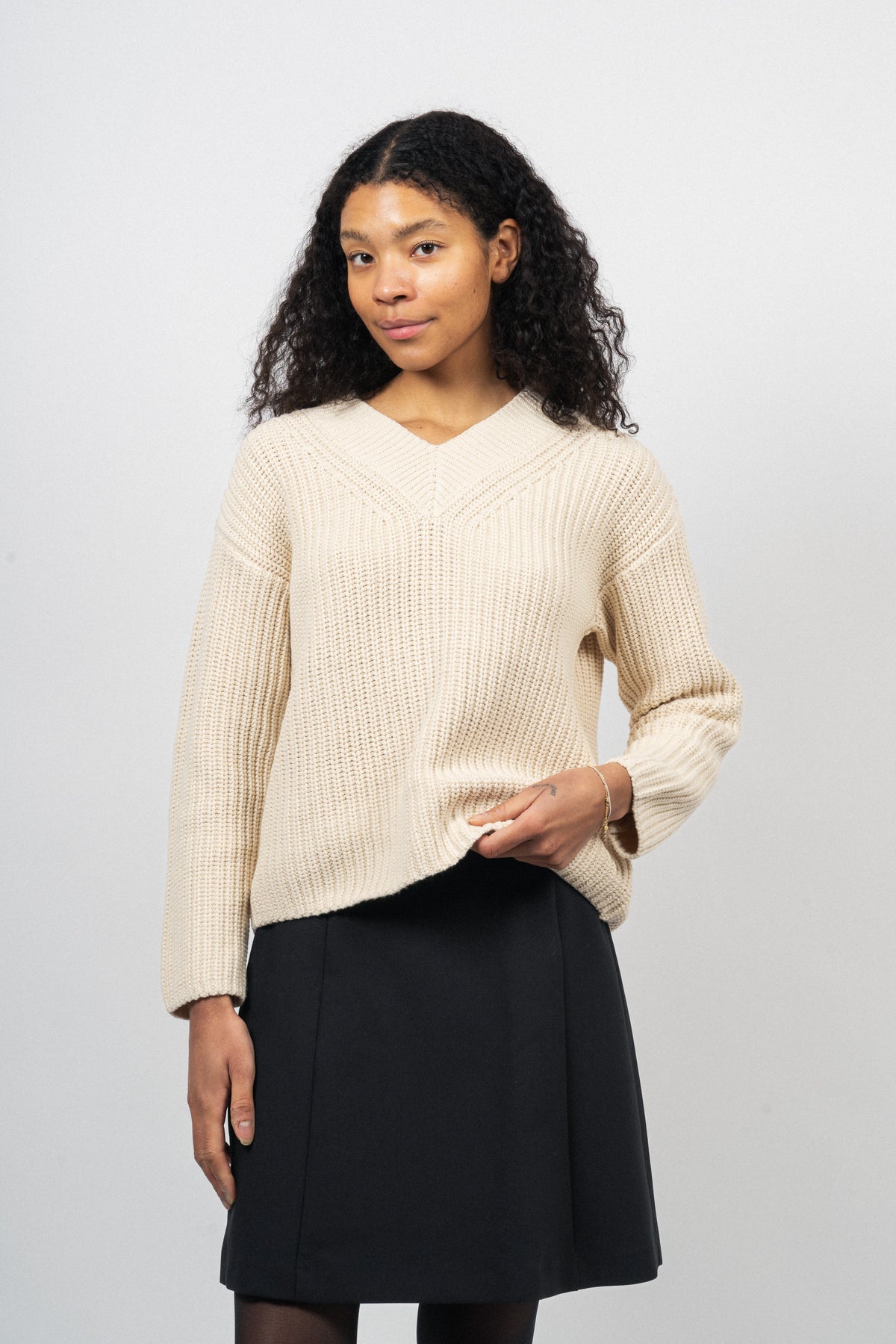 Selma Ls Knit V-Neck - Birch