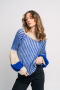 Liana Stickad Tröja - Cream/Cobalt Blue
