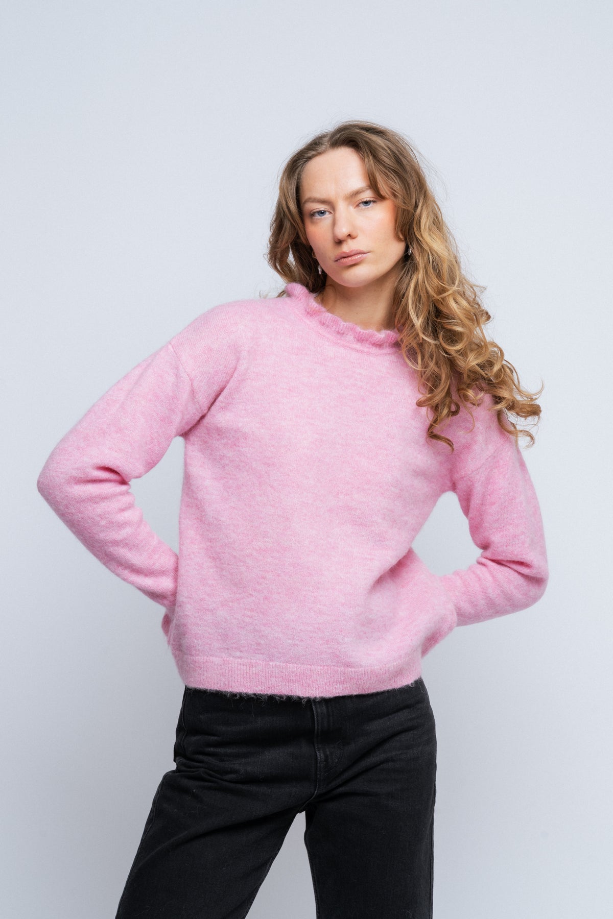 Lulu Ls Knit Frills O-Neck - Moonlite Mauve Melange