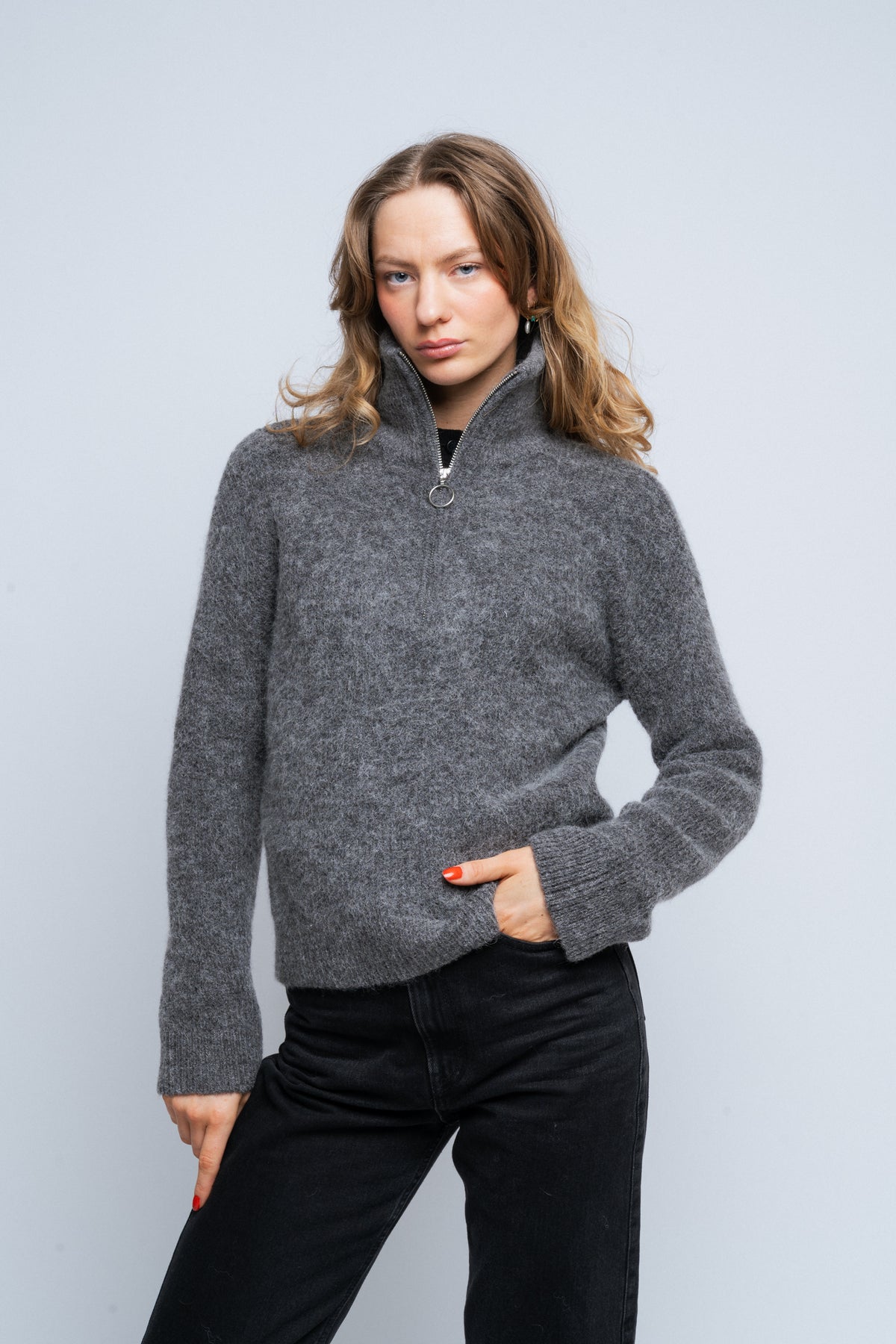 Selected Femme Sia Ras Ls Knit Half Zipper Ex - Medium Grey Melange