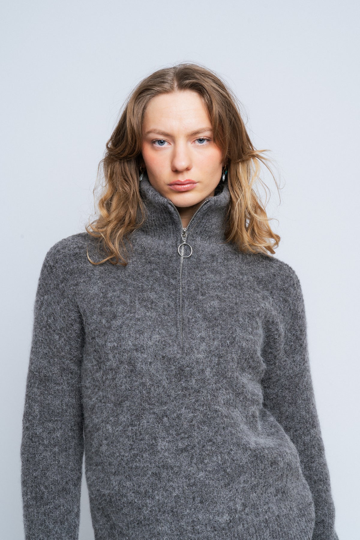 Selected Femme Sia Ras Ls Knit Half Zipper Ex - Medium Grey Melange