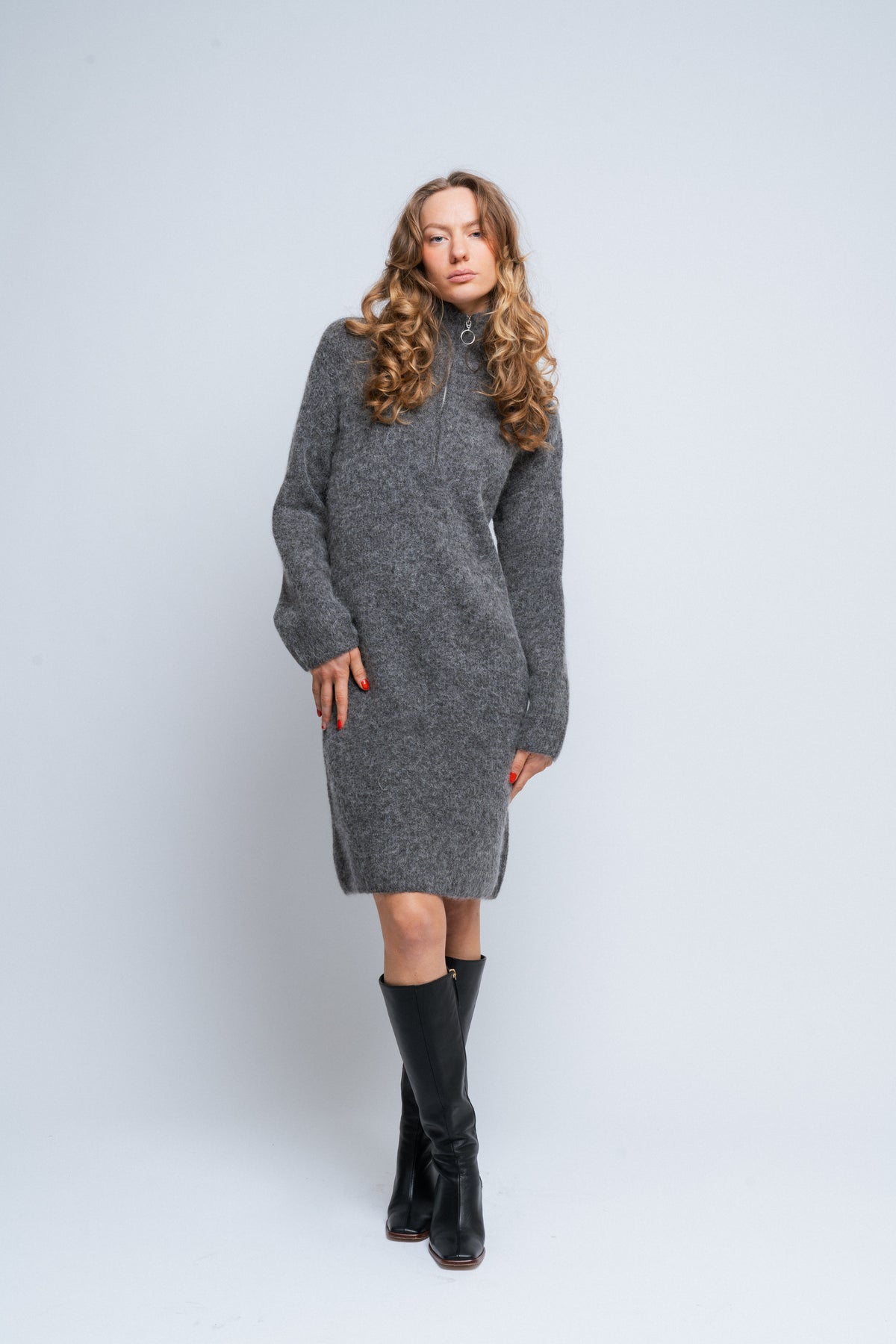 Sia Ras Ls Long Zipper Knit Dress Ex - Medium Grey Melange
