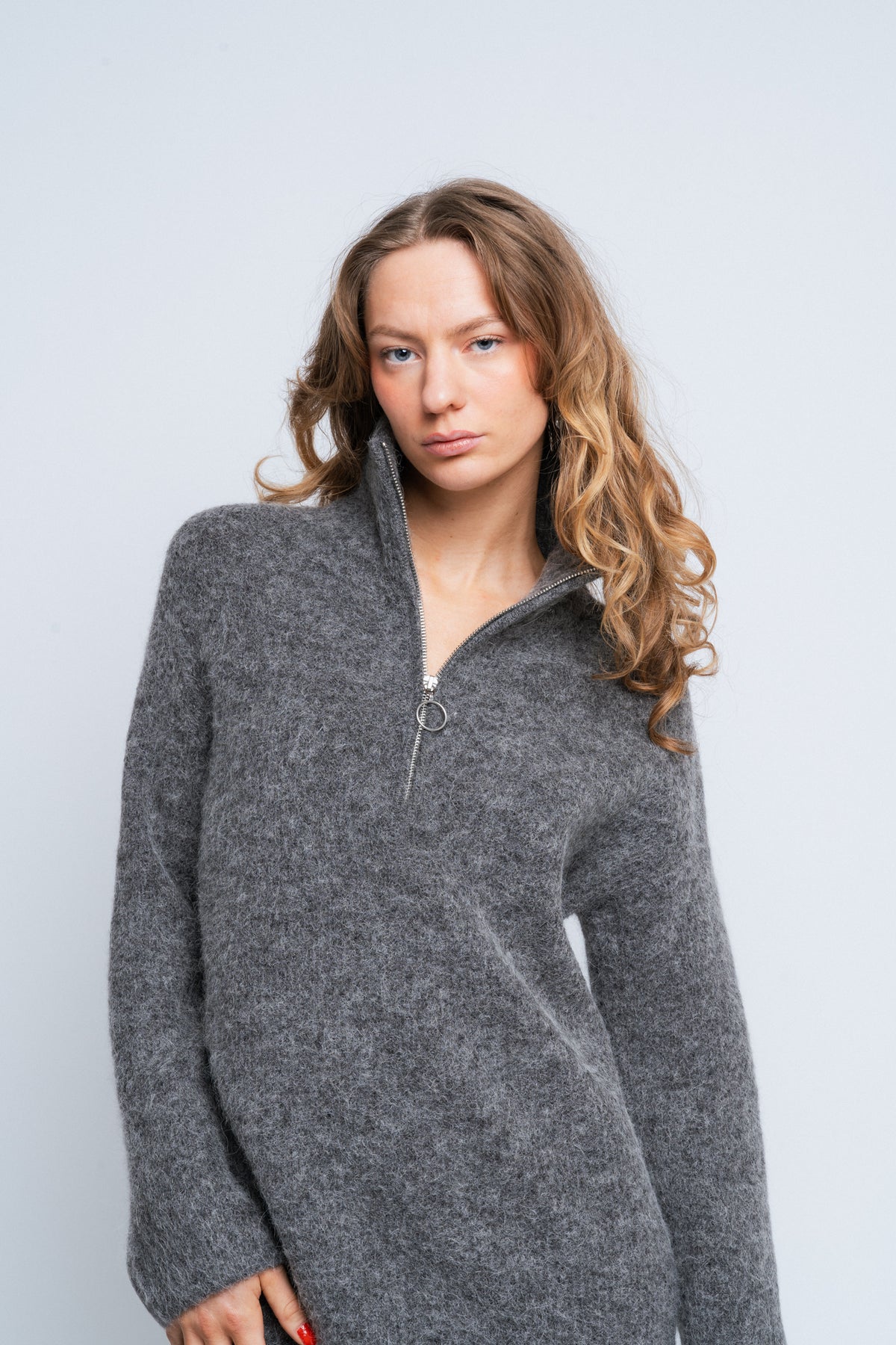 Sia Ras Ls Long Zipper Knit Dress Ex - Medium Grey Melange