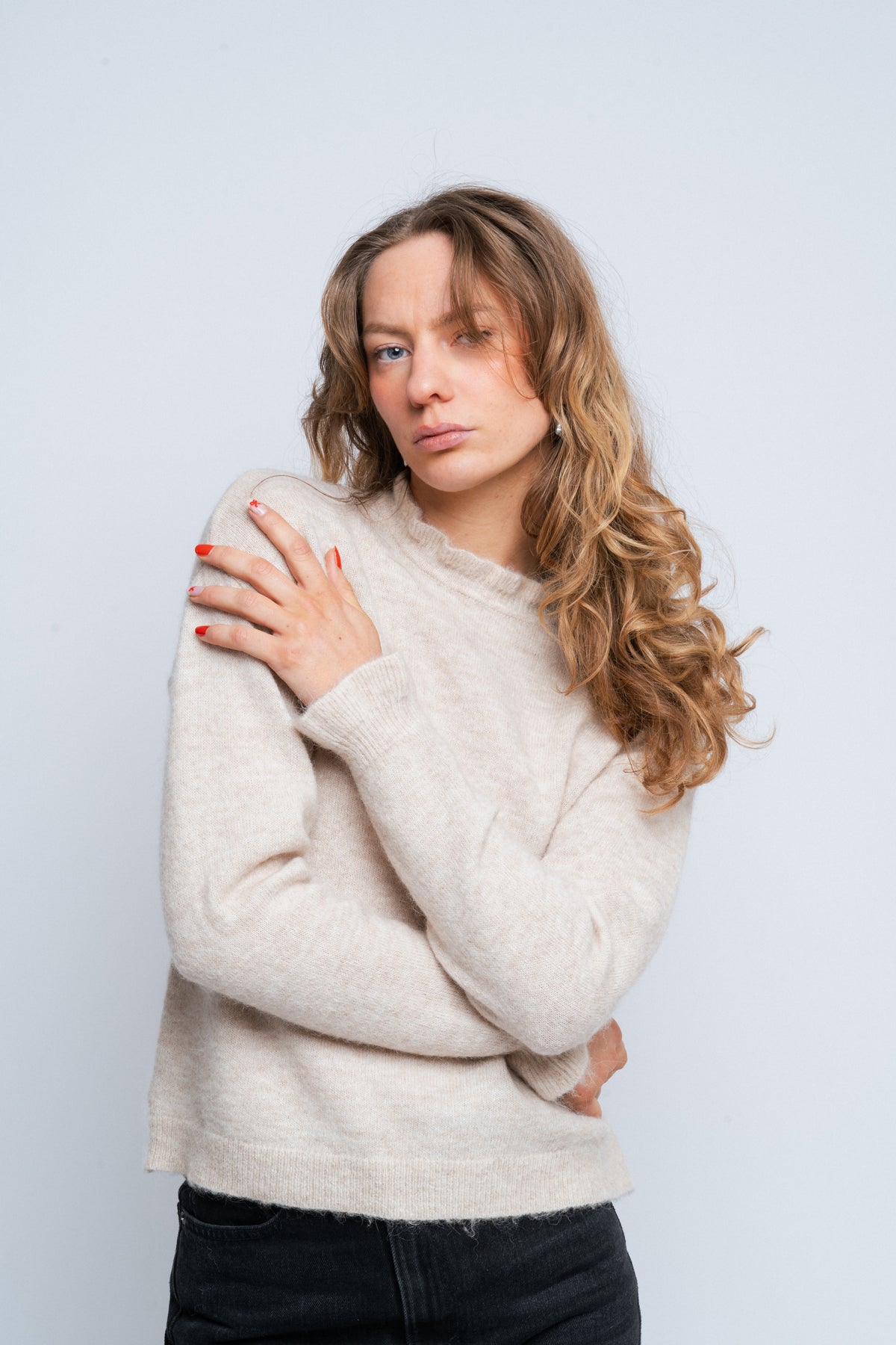 Lulu Ls Knit Frills O-Neck - Birch Melange