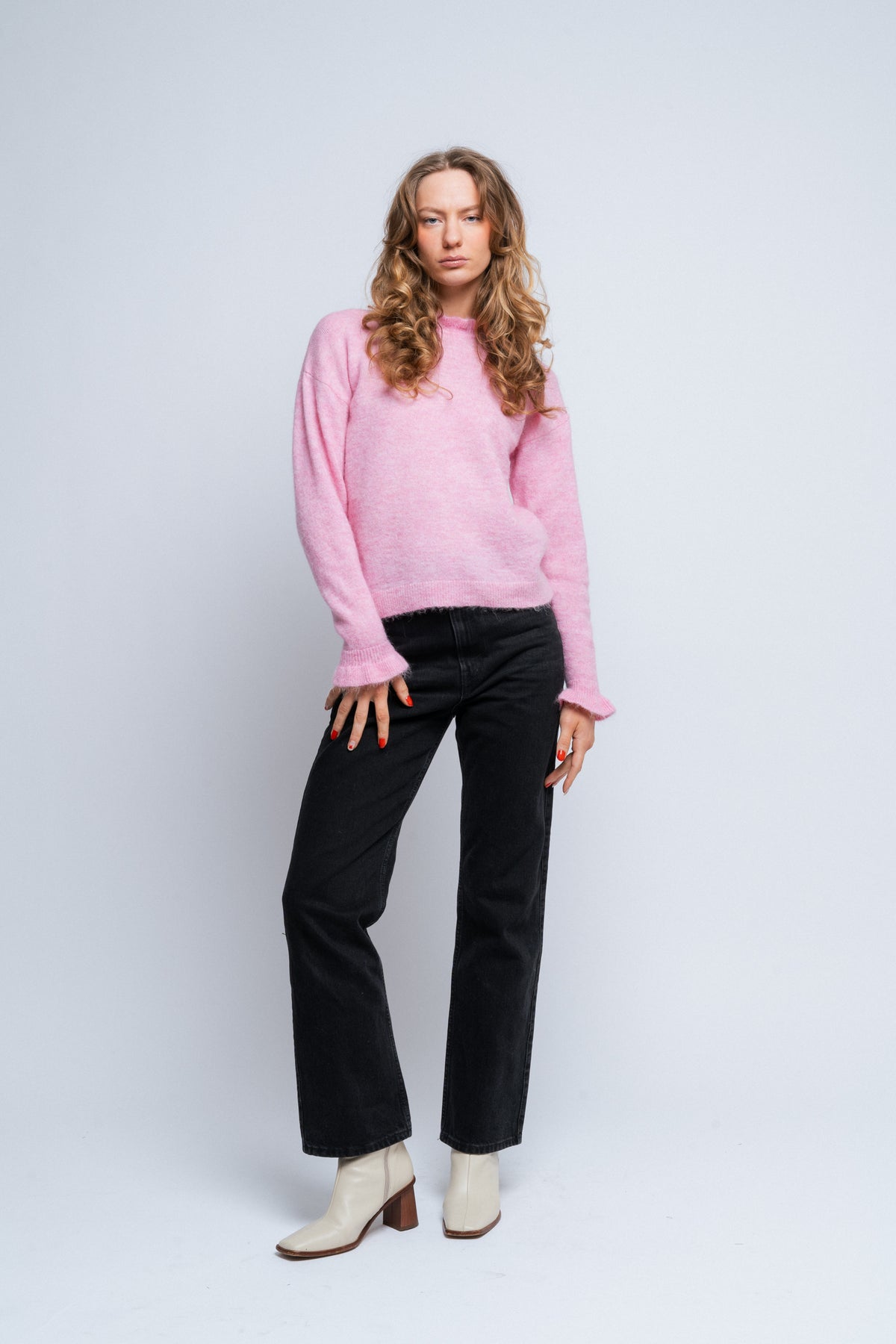 Lulu Ls Knit Frills O-Neck - Moonlite Mauve Melange