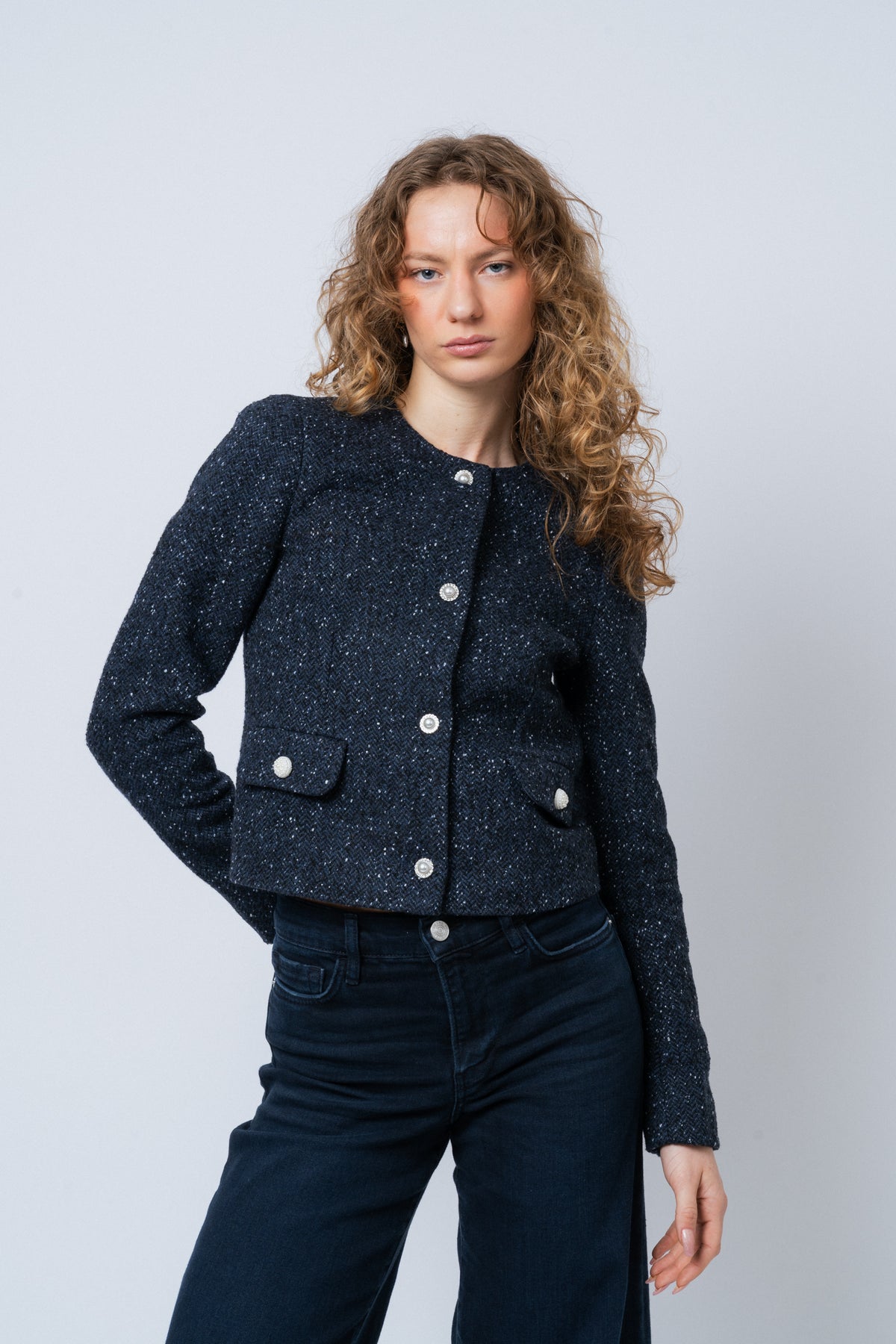 Amalia Jacket - Navy Bouclé Herringbone