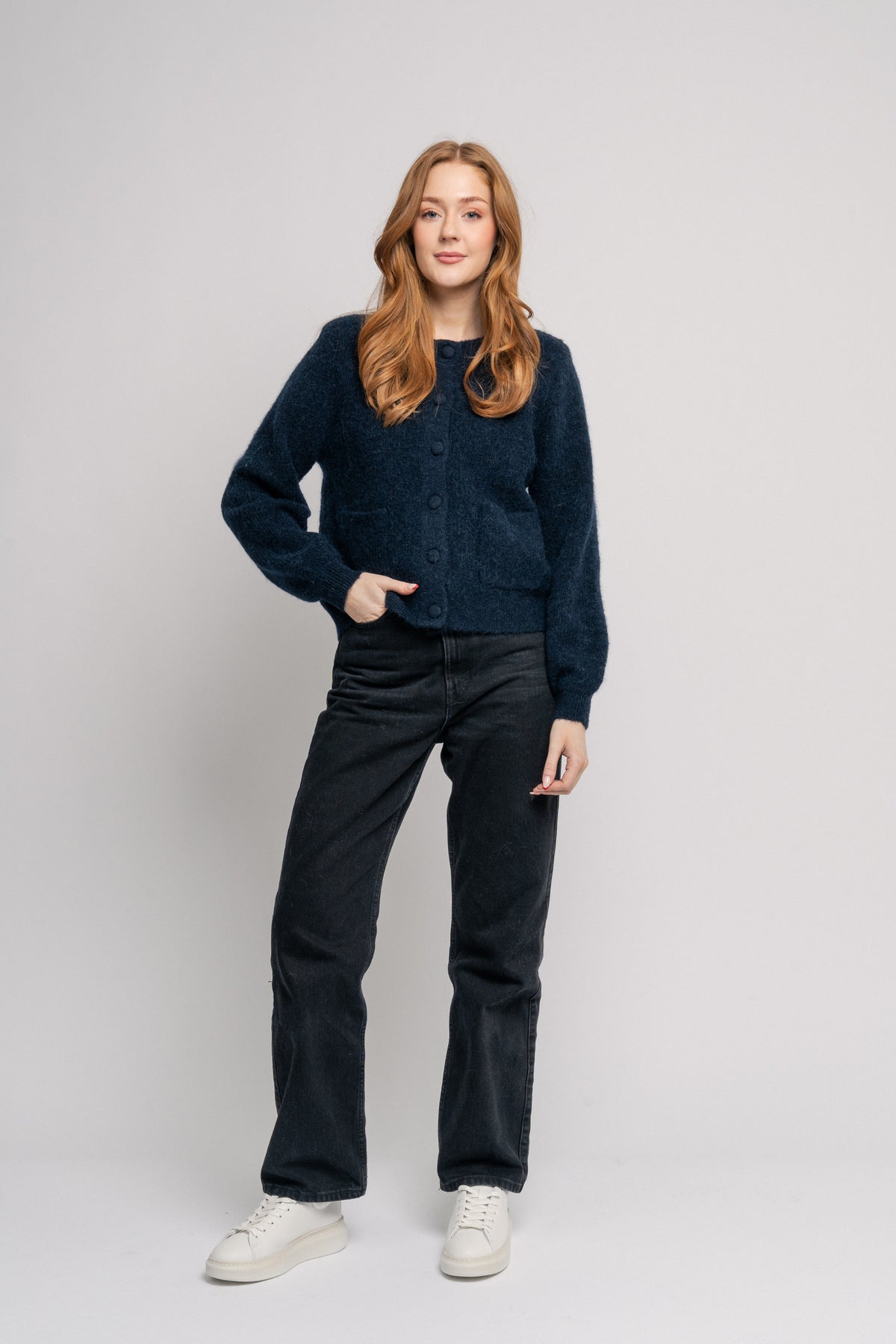 Sia Ras Ls Knit Pads Cardigan Ex - Dark Sapphire Melange