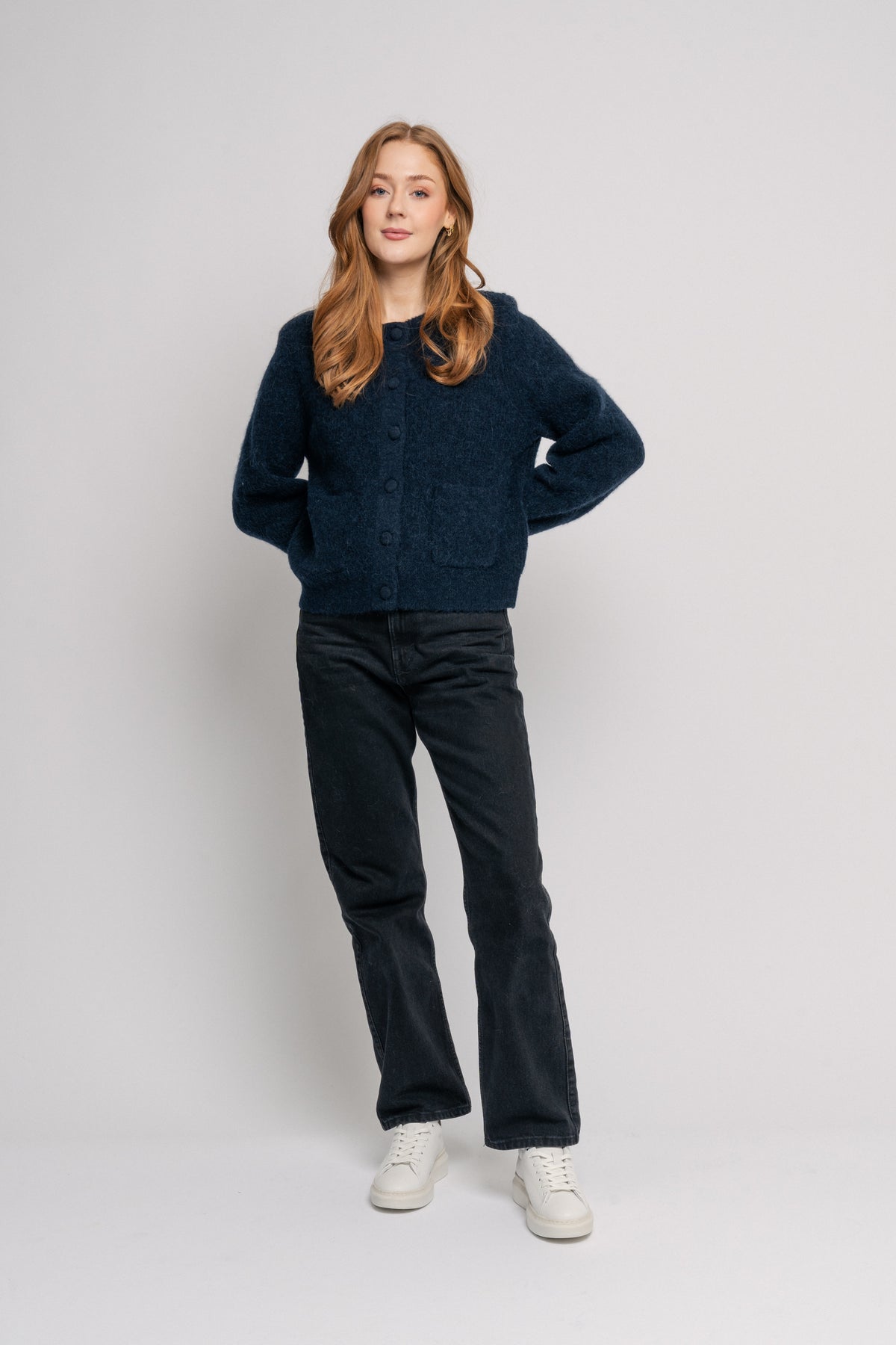 Sia Ras Ls Knit Pads Cardigan Ex - Dark Sapphire Melange