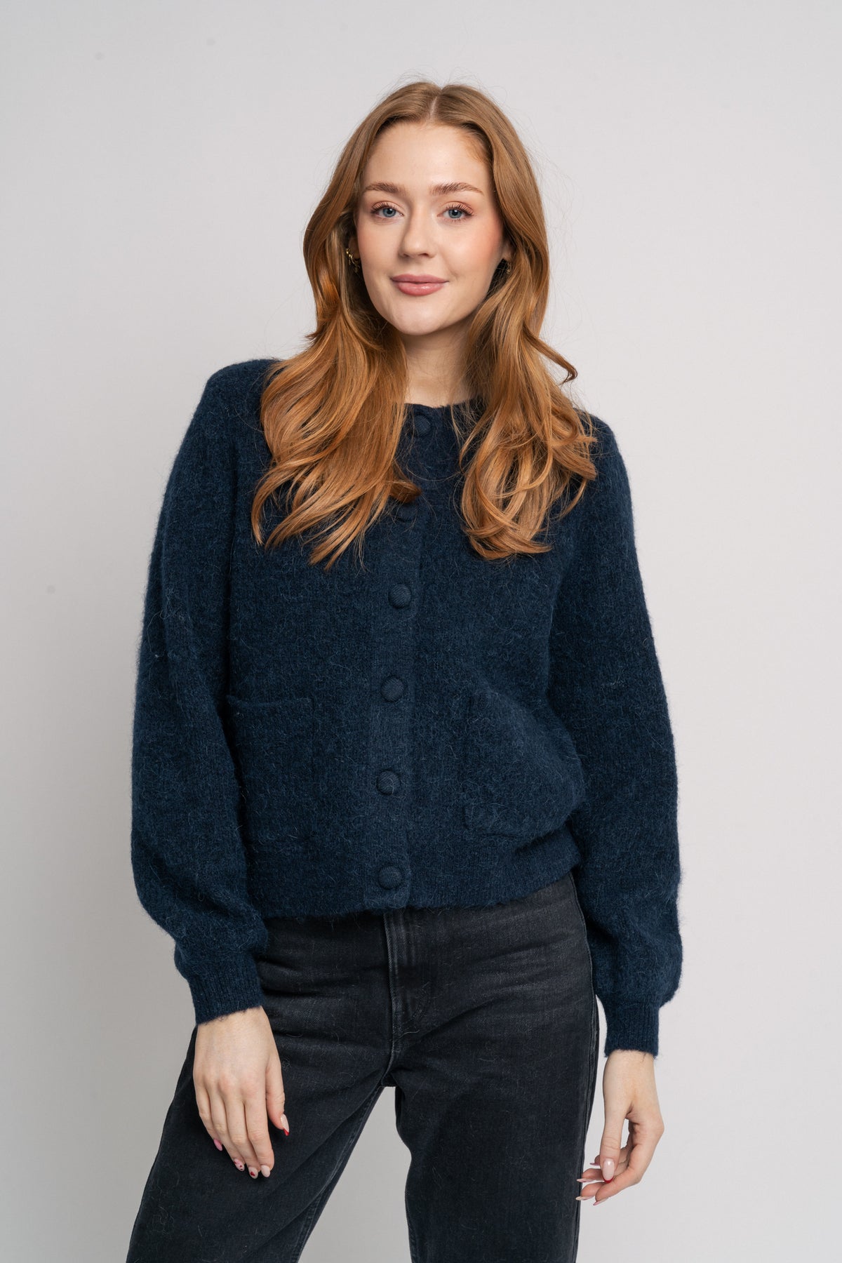 Sia Ras Ls Knit Pads Cardigan Ex - Dark Sapphire Melange
