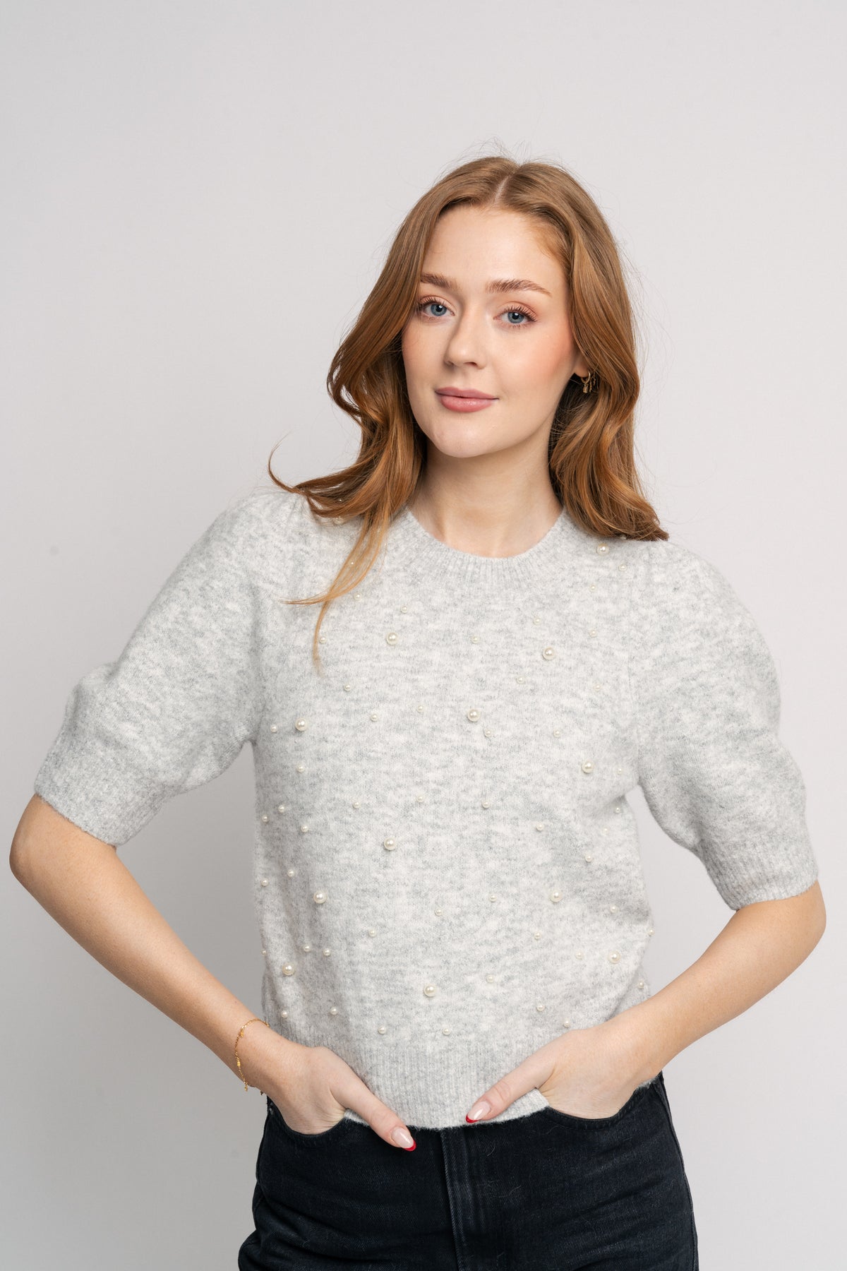 Maia Pearl Knit Tee - Light Grey Melange