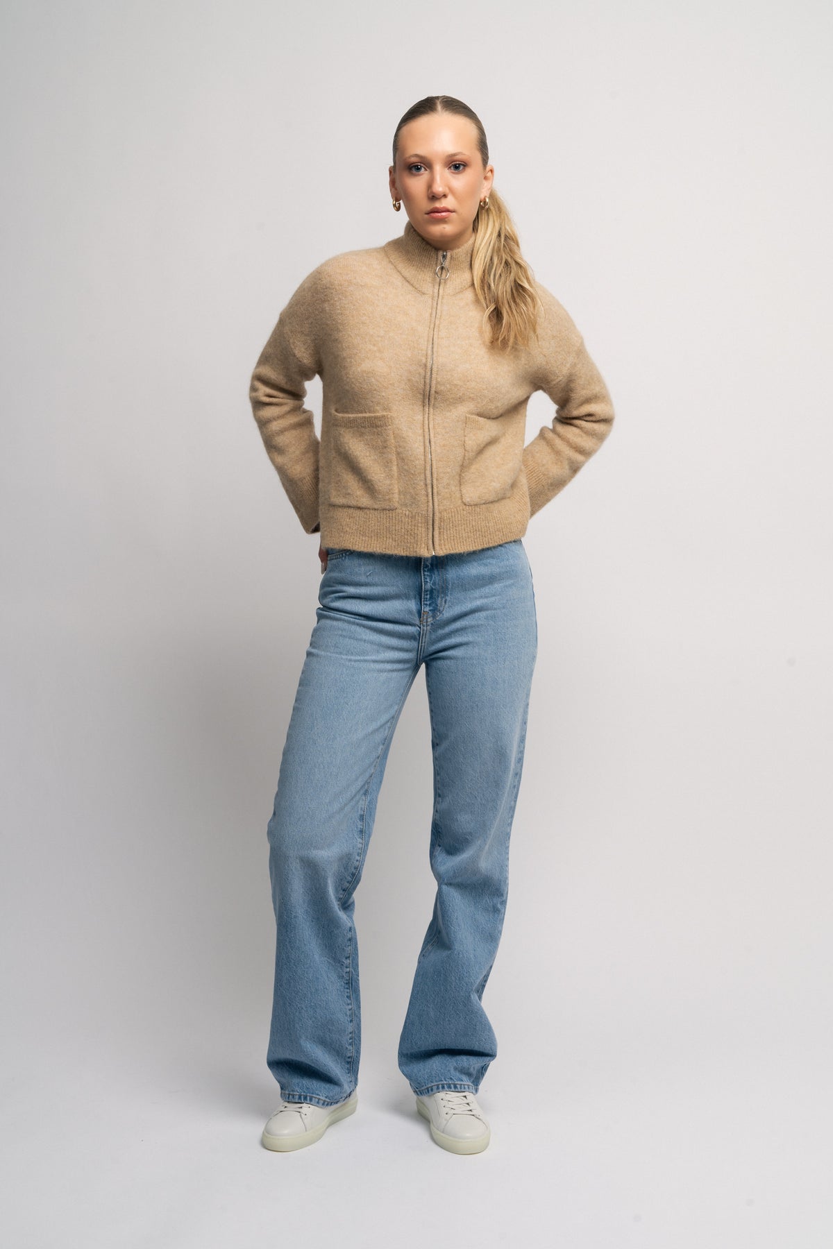 Sia Ras Ls Knit Zipper Cardigan - Humus Melange