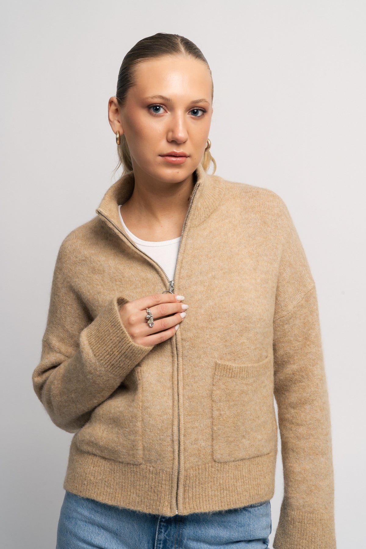 Sia Ras Ls Knit Zipper Cardigan - Humus Melange
