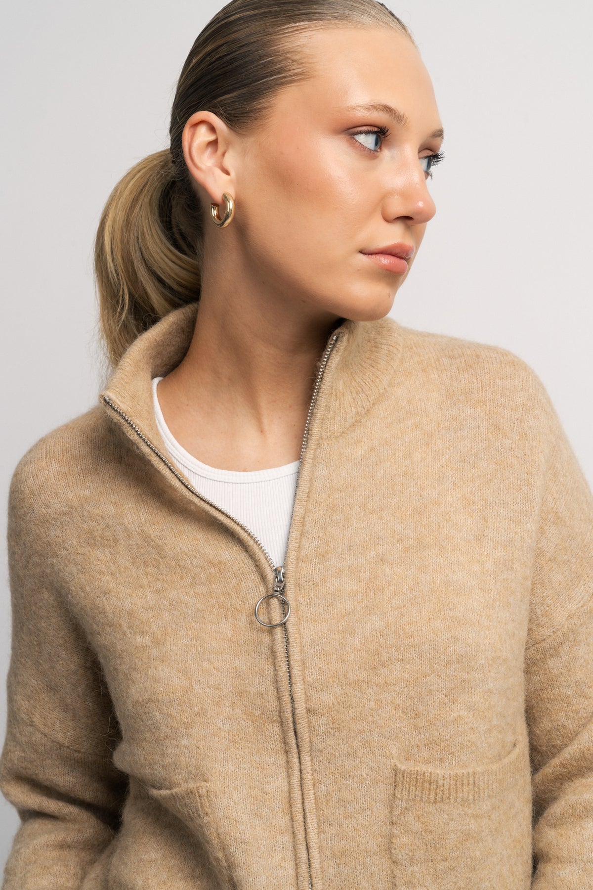 Sia Ras Ls Knit Zipper Cardigan - Humus Melange