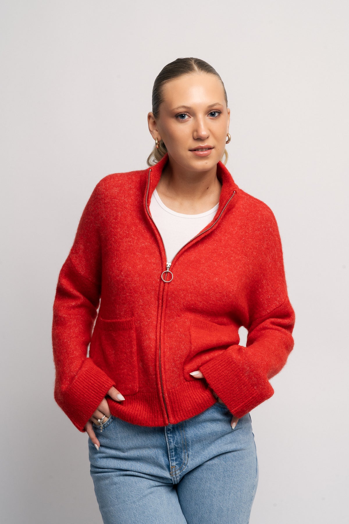 Sia Ras Ls Knit Zipper Cardigan - Flame Scarlet Melange