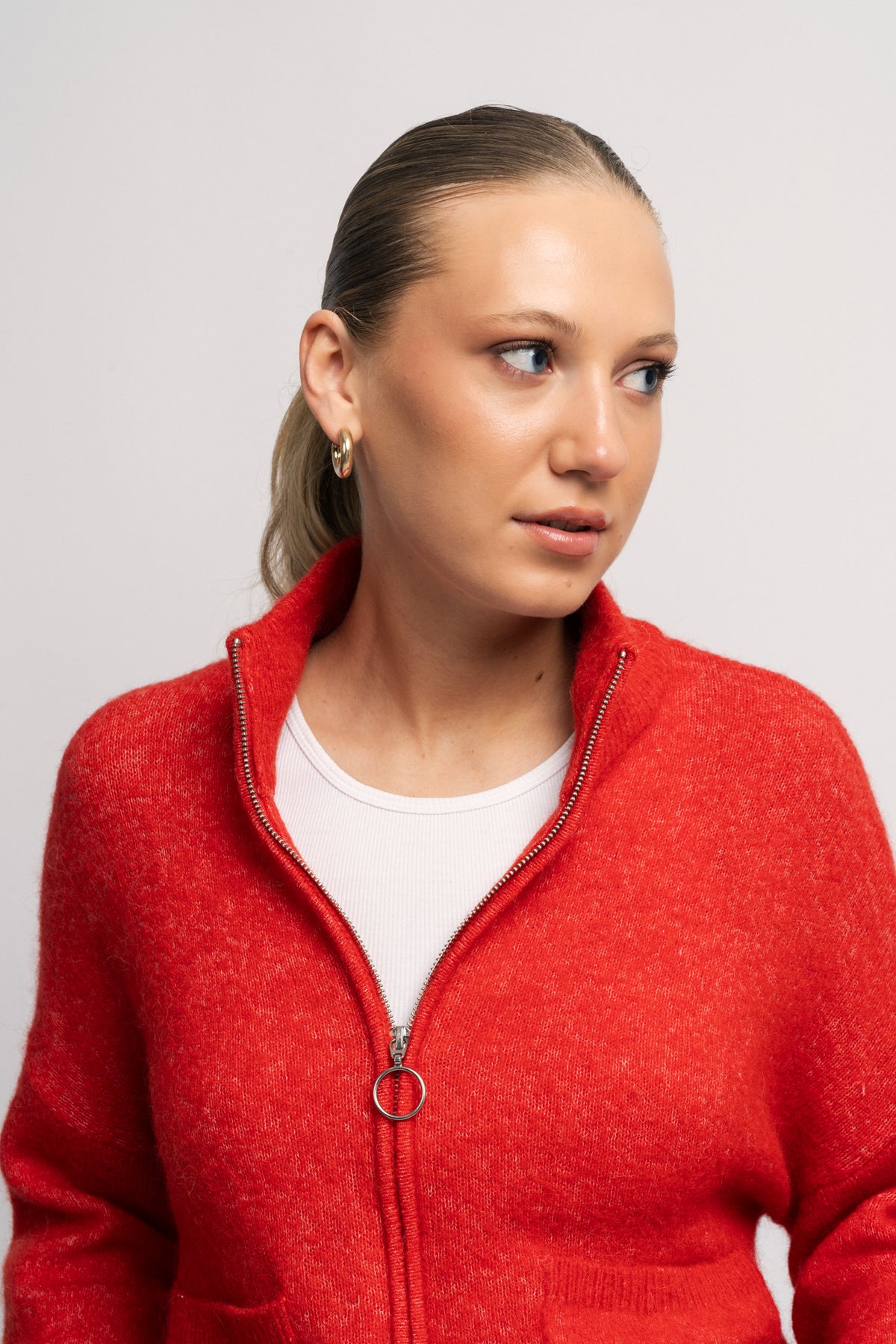 Sia Ras Ls Knit Zipper Cardigan - Flame Scarlet Melange