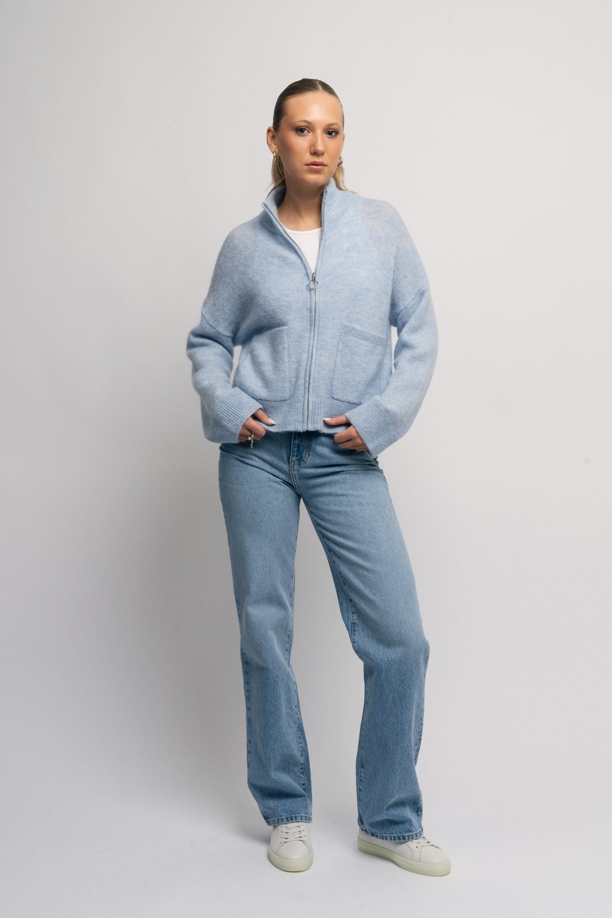 Sia Ras Ls Knit Zipper Kofta - Cashmere Blue Melange