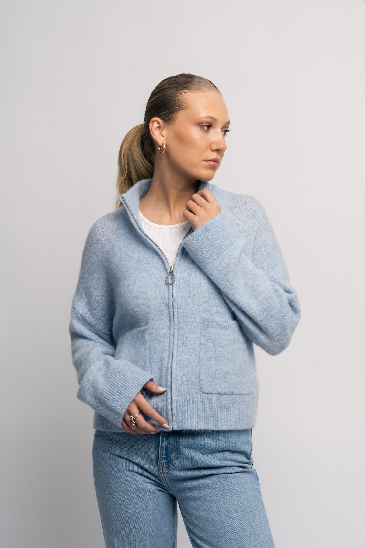 Sia Ras Ls Knit Zipper Kofta - Cashmere Blue Melange