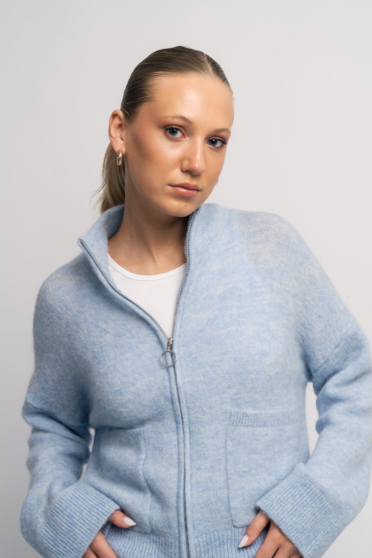 Sia Ras Ls Knit Zipper Kofta - Cashmere Blue Melange