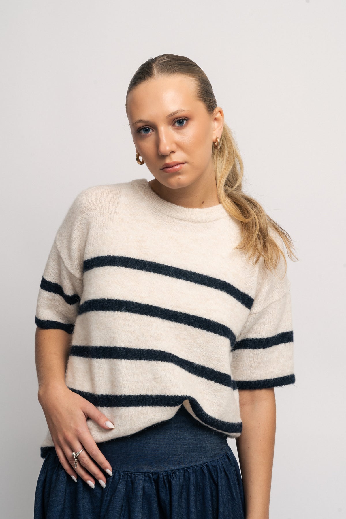 Maline-Liliana 2/4 Knit O-Neck - Birch Dark Sapphire