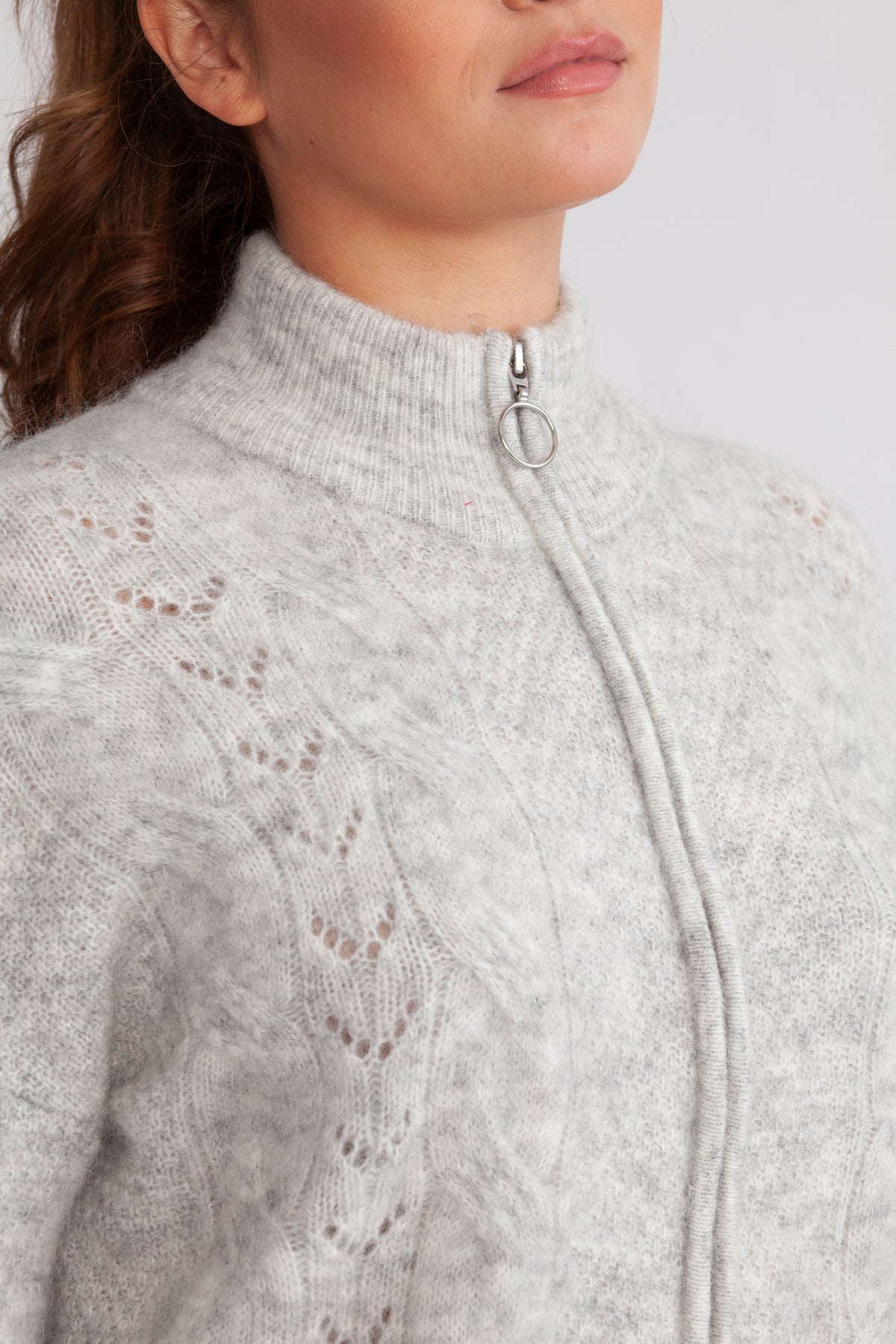 Vera Ls Knit Zip Cardigan - Light Grey Melange