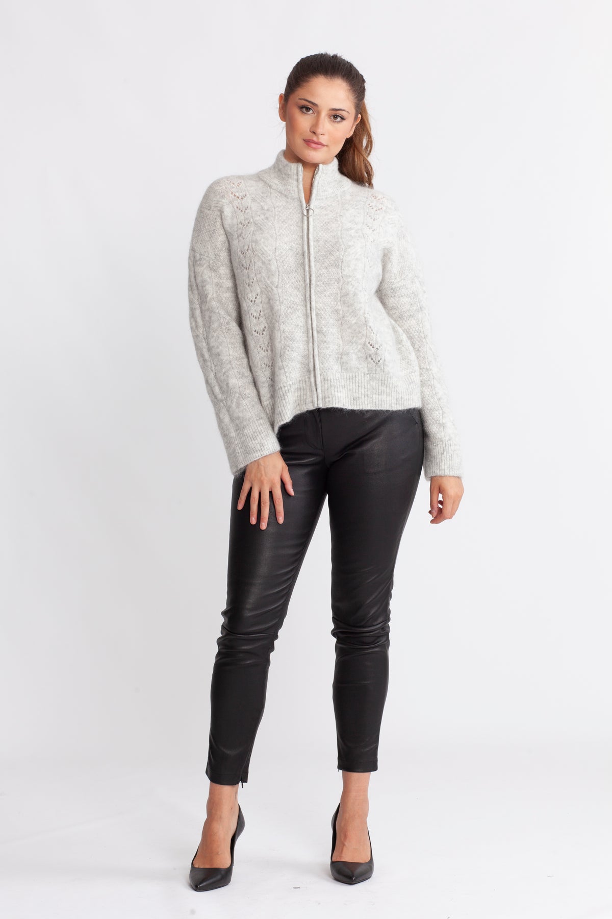 Vera Ls Knit Zip Cardigan - Light Grey Melange