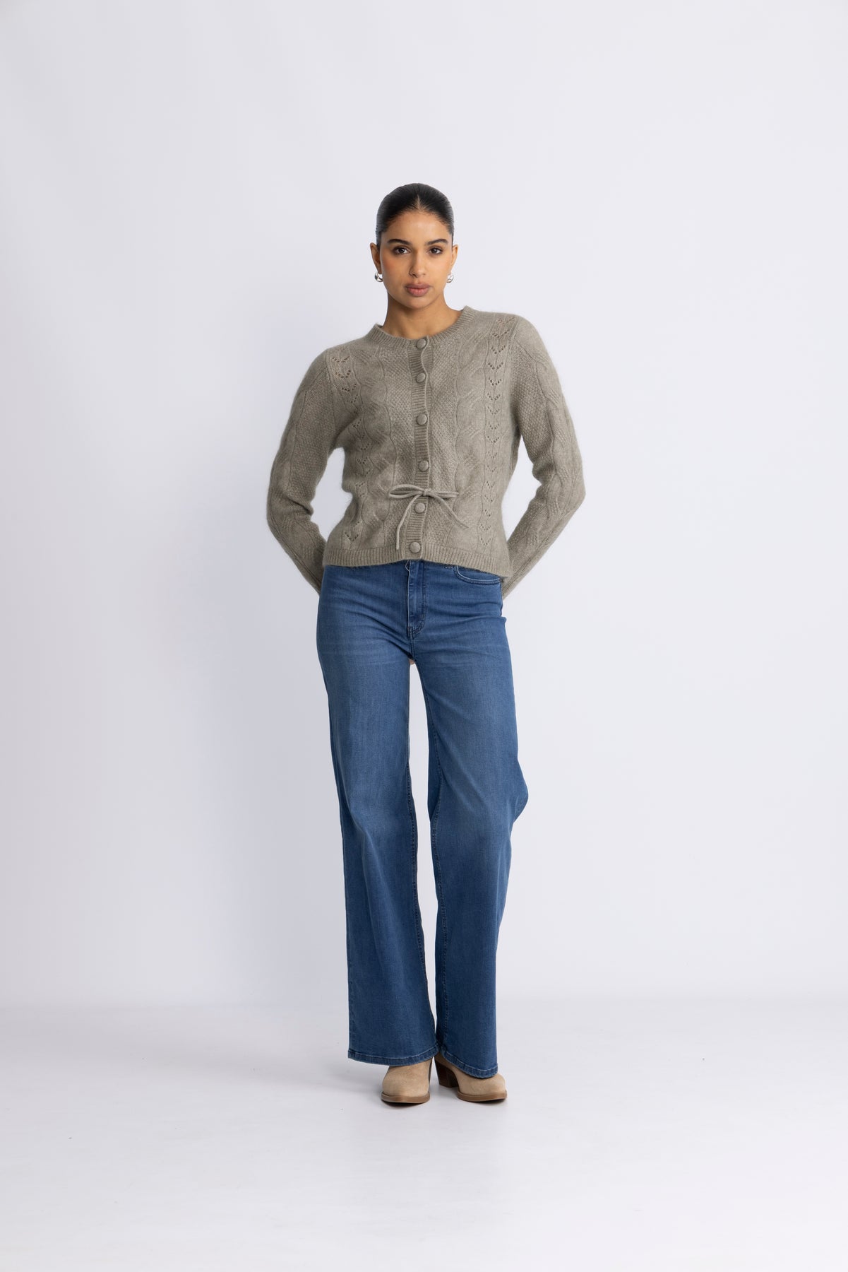 Vera Ls Knit Belt Kofta Ex - Vetiver