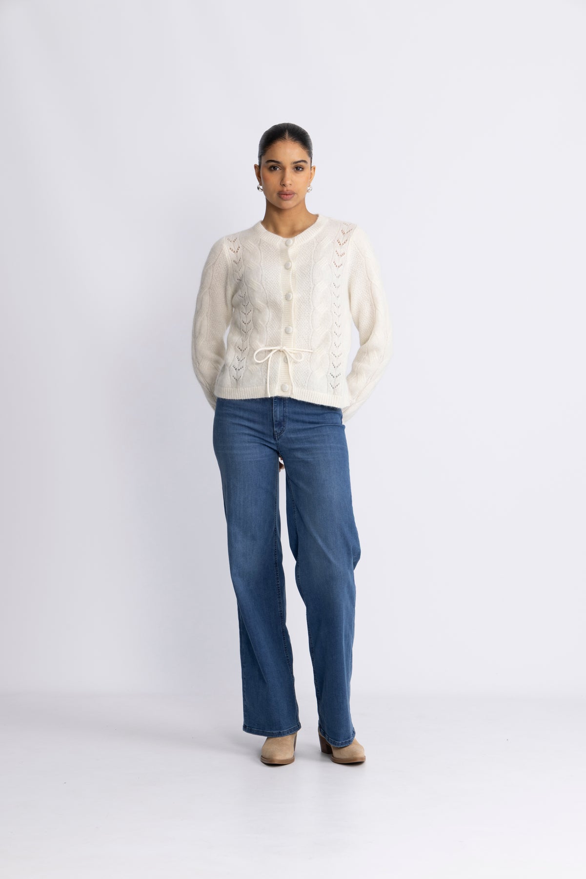 Vera Ls Knit Belt Kofta Ex - Snow White
