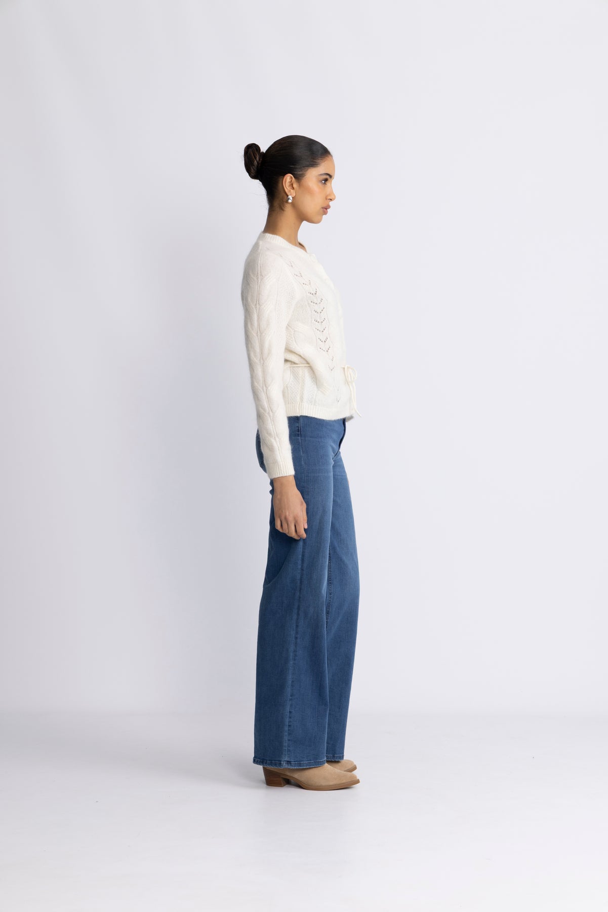 Vera Ls Knit Belt Kofta Ex - Snow White