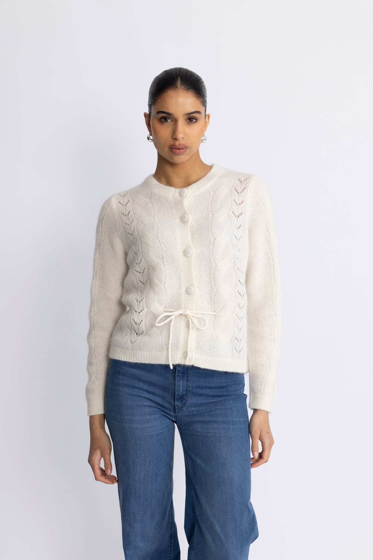Vera Ls Knit Belt Kofta Ex - Snow White