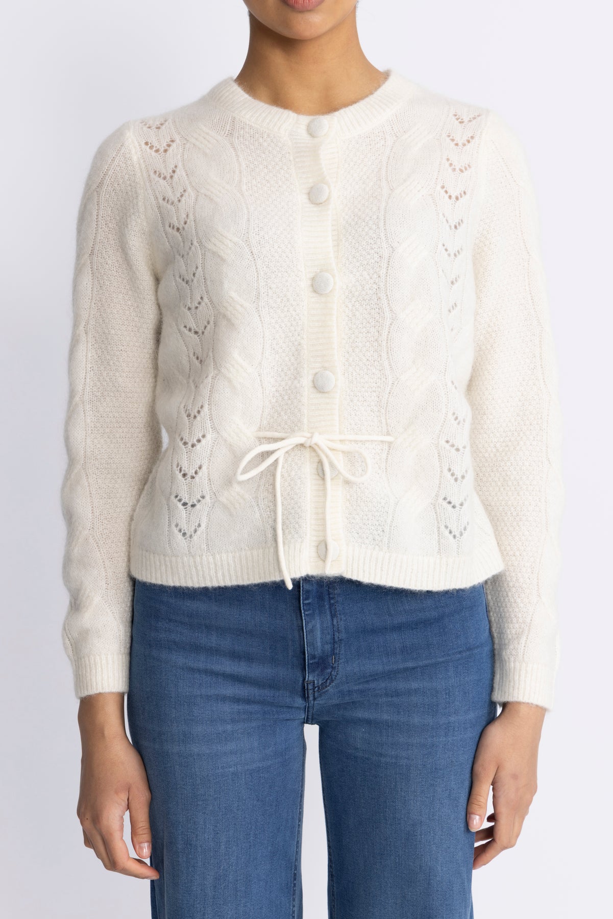 Vera Ls Knit Belt Kofta Ex - Snow White