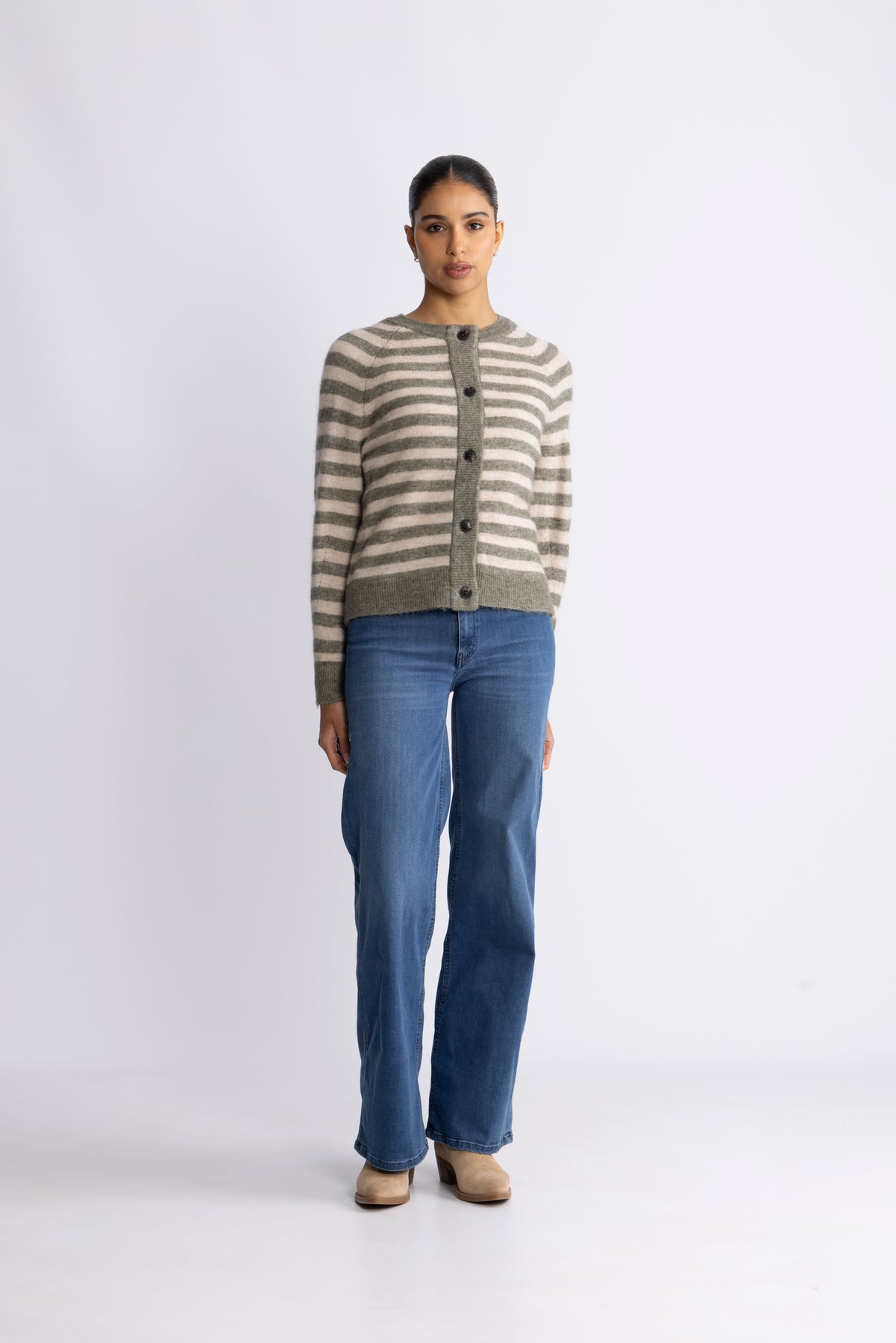 Lulu Ls Knit Short Stripe Kofta - Vetiver Birch