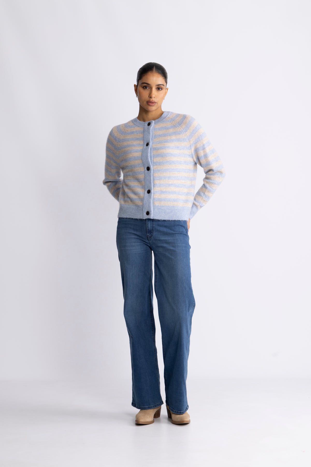 Lulu Ls Knit Short Stripe Cardigan - Cashmere Blue Birch