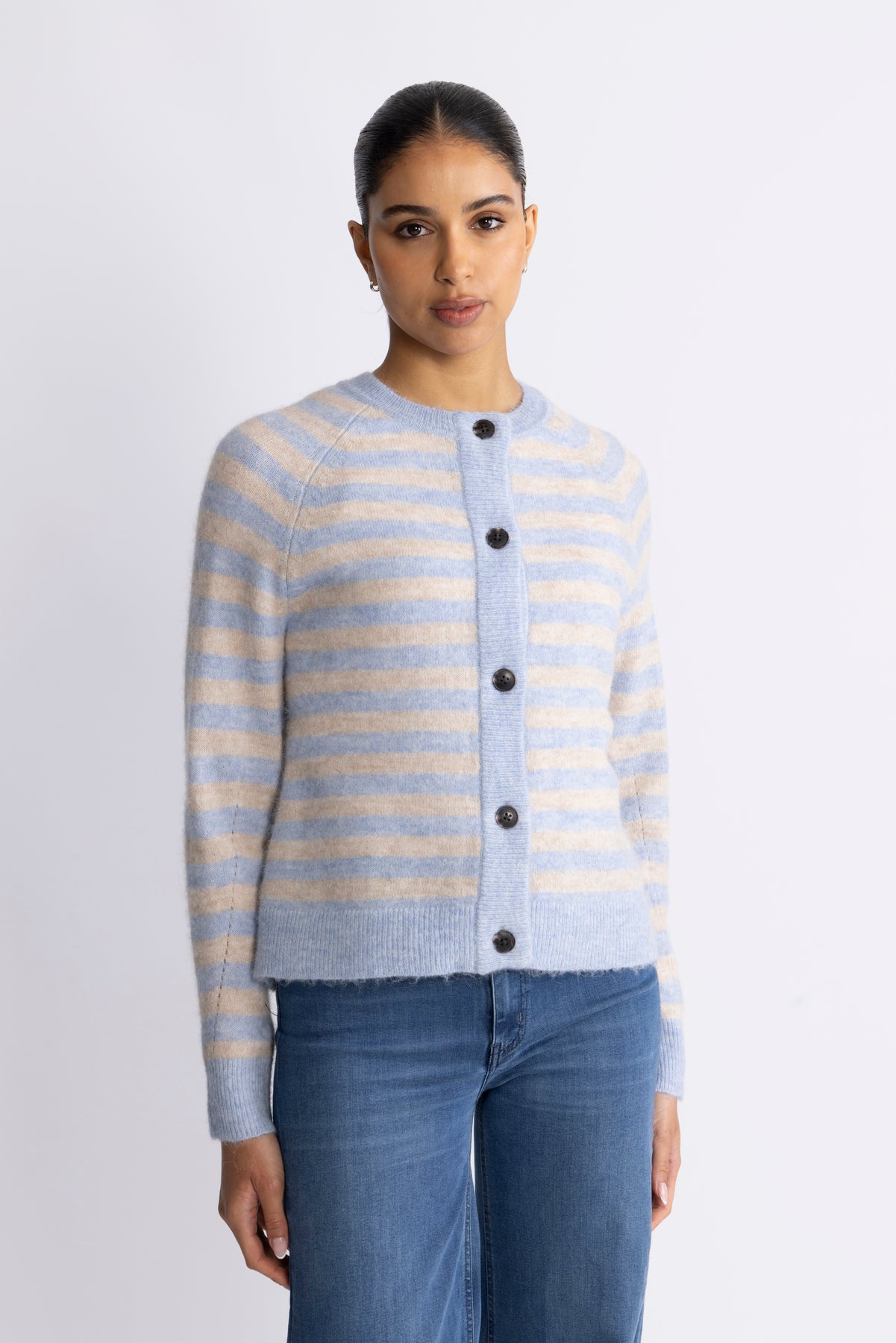 Lulu Ls Knit Short Stripe Cardigan - Cashmere Blue Birch