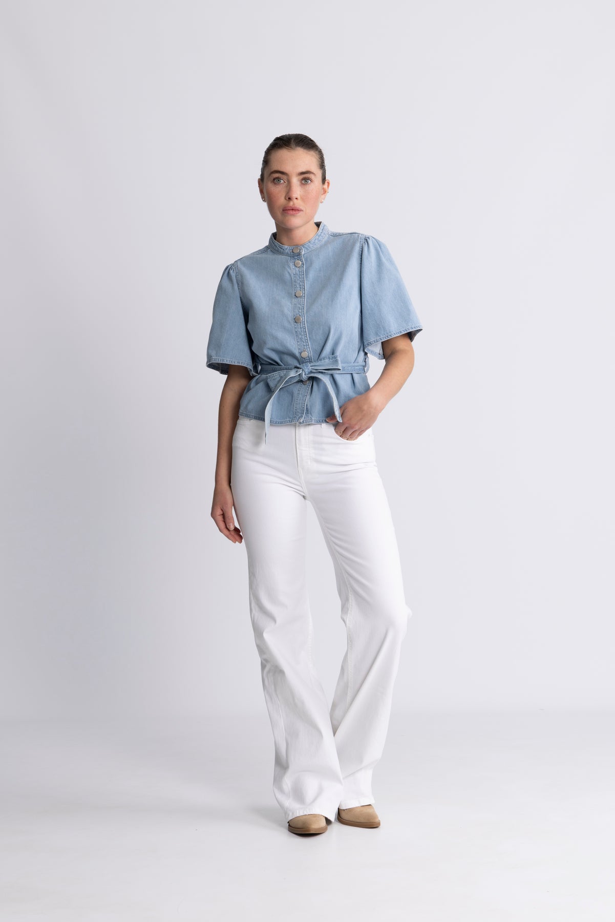 Ingrid Lis 2/4 Denim Belt Shirt - Light Blue Wash