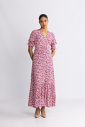 Koko Dress Long Open Back Short Sleeves - Lilac Bordeaux Big Flower