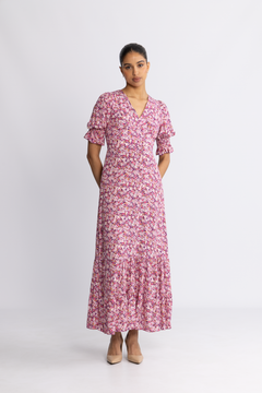 Koko Dress Long Open Back Short Sleeves - Lilac Bordeaux Big Flower
