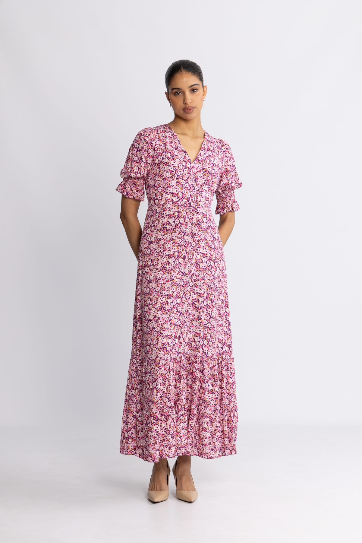 Koko Dress Long Open Back Short Sleeves - Lilac Bordeaux Big Flower