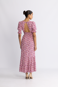 Koko Dress Long Open Back Short Sleeves - Lilac Bordeaux Big Flower