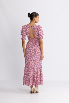 Koko Dress Long Open Back Short Sleeves - Lilac Bordeaux Big Flower