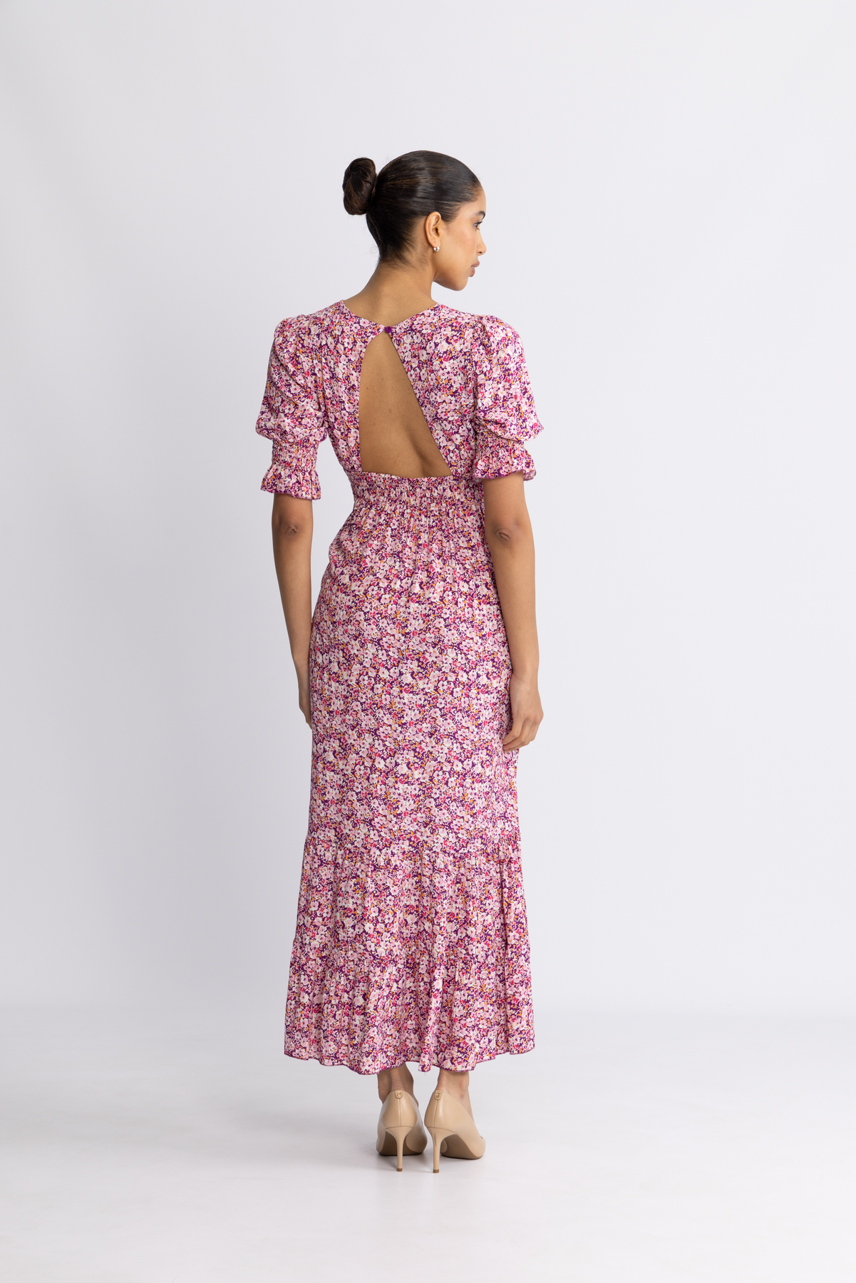 Koko Dress Long Open Back Short Sleeves - Lilac Bordeaux Big Flower