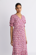 Koko Dress Long Open Back Short Sleeves - Lilac Bordeaux Big Flower