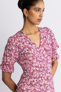 Koko Dress Long Open Back Short Sleeves - Lilac Bordeaux Big Flower