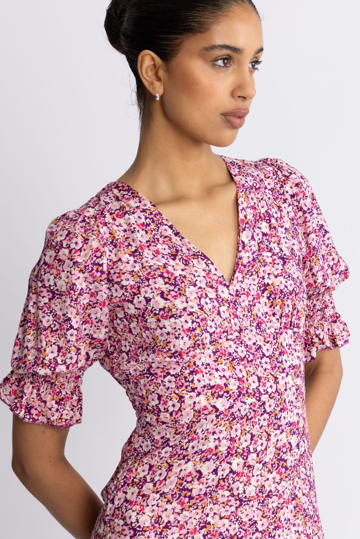 Koko Dress Long Open Back Short Sleeves - Lilac Bordeaux Big Flower
