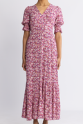 Koko Dress Long Open Back Short Sleeves - Lilac Bordeaux Big Flower